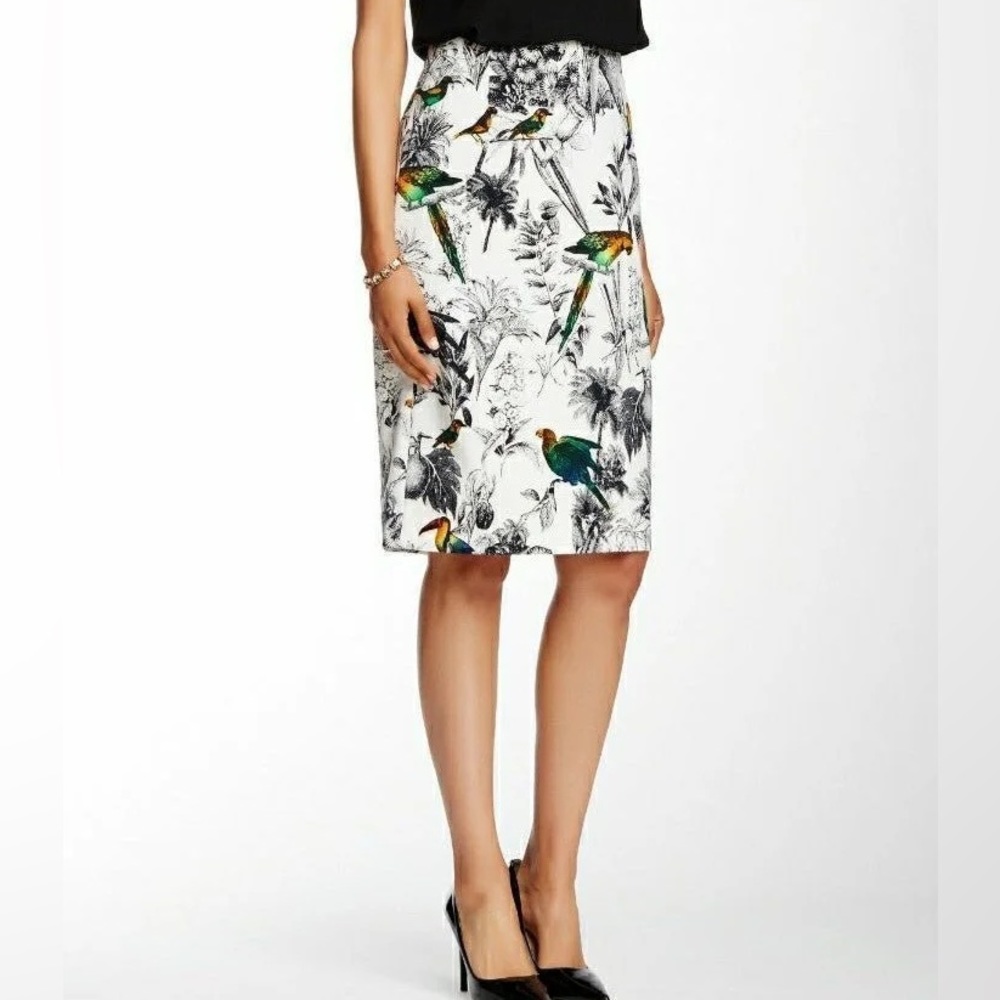 Catherine Malandrino pencil skirt with parrots tropical rainbow bird